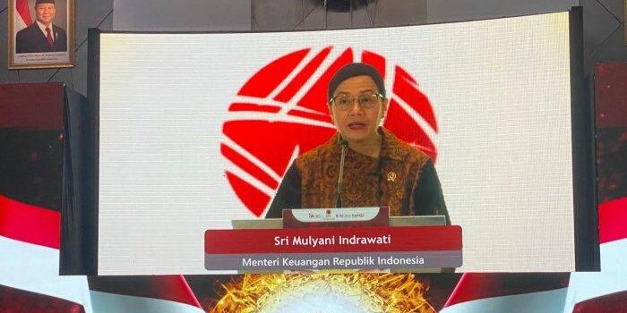 Menteri Keuangan Sri Mulyani ketika memberi sambutan dalam acara Peresmian Pembukaan Perdagangan Bursa Efek Indonesia (BEI) Tahun 2025, Kamis (2/1/2025). 