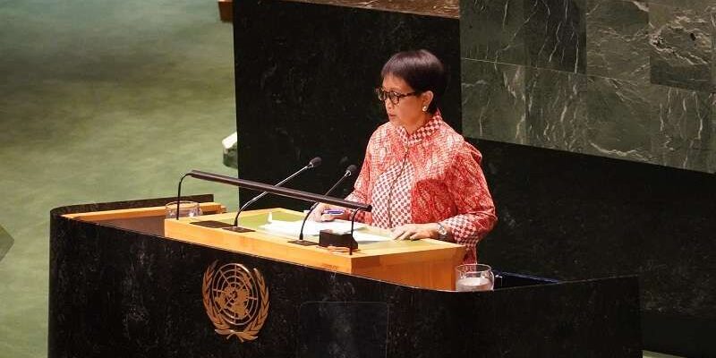 Menteri Luar Negeri Indonesia Retno Marsudi saat berbicara dalam SMU PBB di New York, Amerika Serikat, Kamis (26/10/2023) 