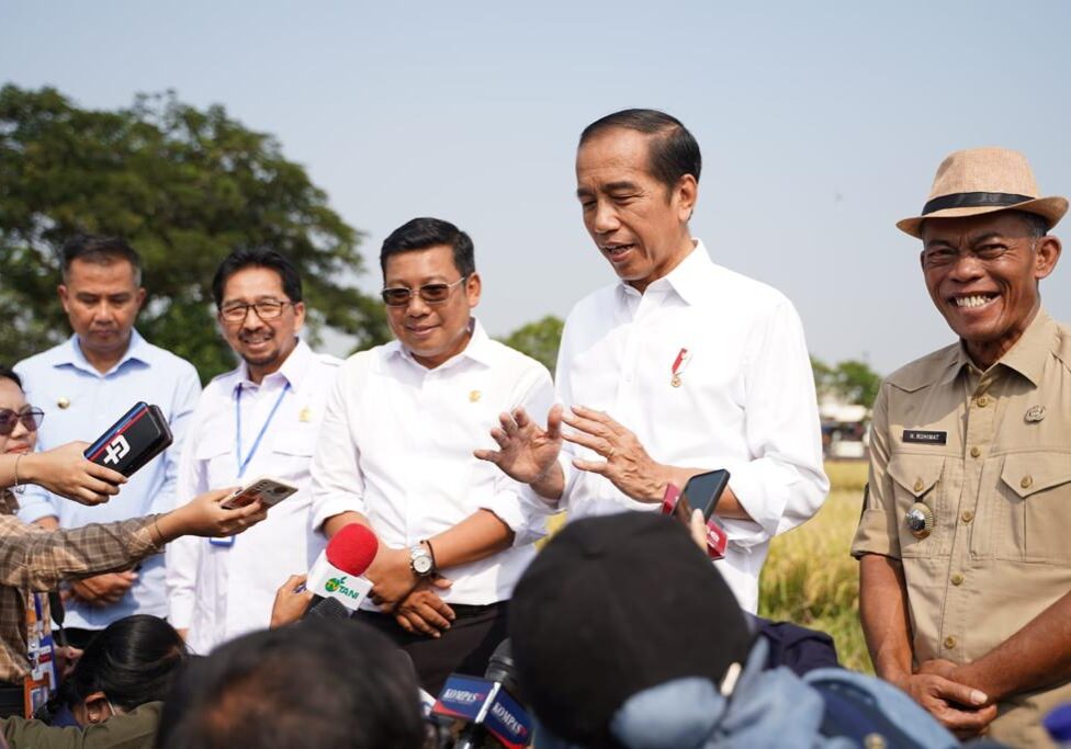 Presiden Joko Widodo didampingi Plt Menteri Pertanian Arief Prasetyo Adi memberikan padi kepada petani saat panen di area persawahan Kelompok Tani Mukti Tani IV, Desa Ciasem Girang, Ciasem, Subang, Jawa Barat, Minggu (8/10/2023).
