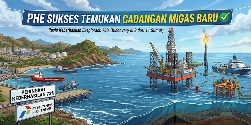 Ilustrasi fasilitas anjungan migas lepas pantai dan eksplorasi energi bersih tanpa figur manusia.