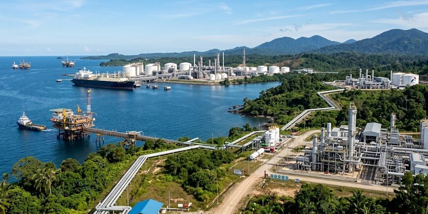 Ilustrasi Fasilitas kilang LNG dan anjungan lepas pantai di Kalimantan Timur yang kini dikelola PHE setelah akuisisi dari Eni.