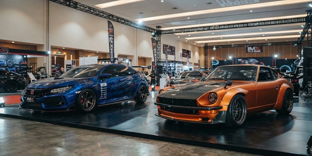 Ilustrasi Dua mobil modifikasi (Honda Civic Type R dan Datsun 240Z) dipajang di panggung utama Indonesia Modification &amp; Lifestyle Expo (IMX) 2026.