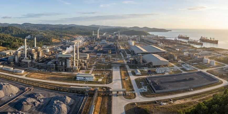 Ilustrasi Pemandangan udara kompleks smelter nikel besar dan pelabuhan di lokasi pesisir dengan hutan di sekitarnya.
