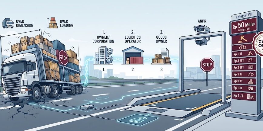 Ilustrasi skema penindakan dan rantai tanggung jawab hukum untuk kendaraan ODOL (Over Dimension Over Loading) menuju target Zero ODOL 2027.