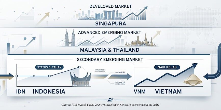 Ilustrasi Grafik klasifikasi pasar modal FTSE Russell per September 2026 menunjukkan Indonesia dan Vietnam kini sejajar dalam satu kategori "Secondary Emerging Market".