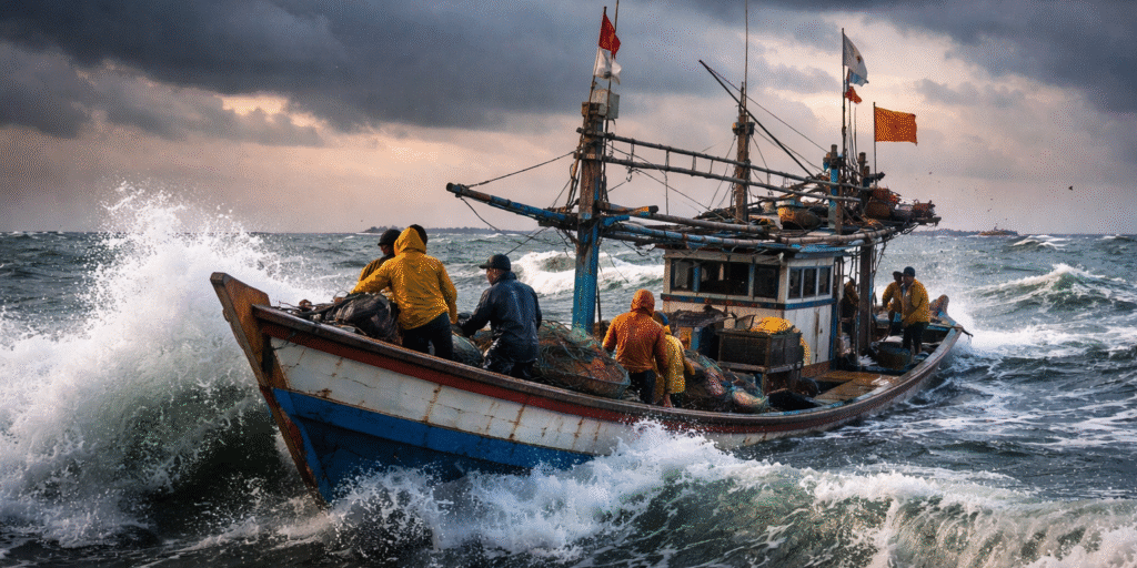 lustrasi kapal nelayan sedang berlayar di tengah laut.