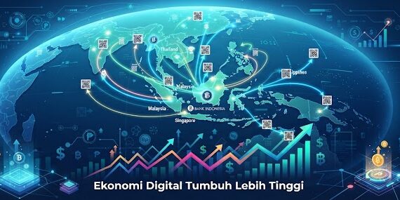 Ilustrasi: Visualisasi digital mengenai perluasan QRIS Antarnegara serta pertumbuhan ekonomi digital yang didorong oleh Bank Indonesia.