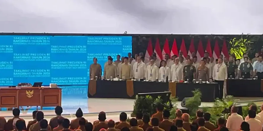 RAKORNAS - Presiden Prabowo Subianto menghadiri Rapat Koordinasi Nasional (Rakornas Pemerintah Pusat dan Daerah Tahun 2026 di Sentul International Convention Center (SICC), Bogor, Jawa Barat, pada Senin (2/2/2026). (Taufik Ismail).


