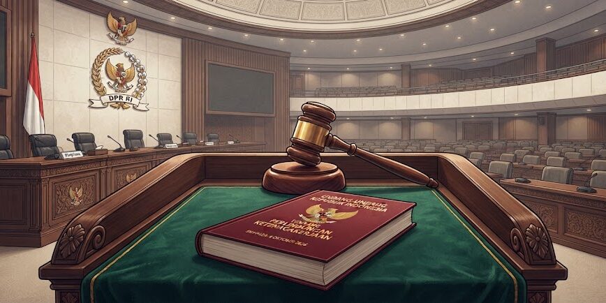 Ilustrasi Suasana ruang sidang paripurna DPR RI usai pengesahan Undang-Undang Pelindungan Ketenagakerjaan.