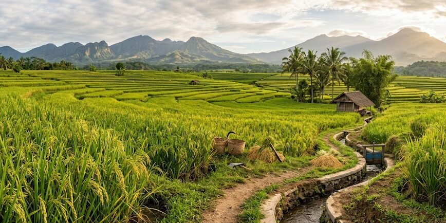 Ilustrasi Pemandangan sawah terasering yang asri dengan latar belakang pegunungan yang megah.