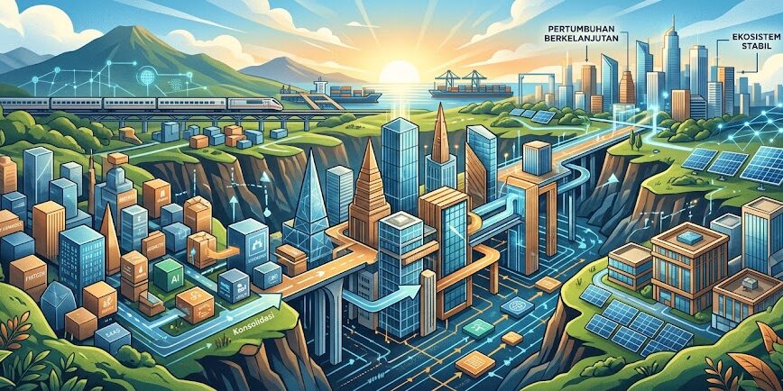 Ilustrasi Konsolidasi Ekosistem Startup Indonesia: Menggambarkan transisi dan penyesuaian industri teknologi nasional dari fase pertumbuhan awal menuju ekosistem yang lebih stabil, efisien, dan berkelanjutan.