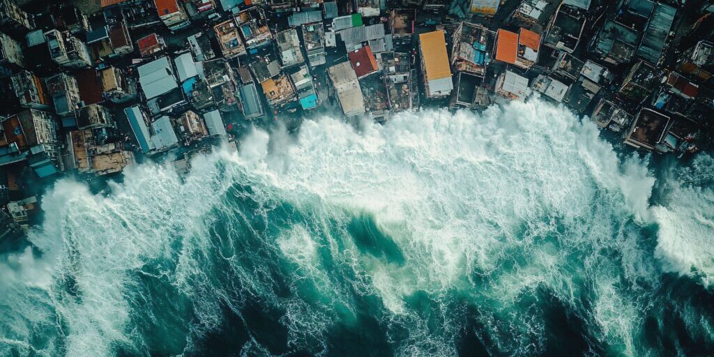 Ilustrasi gelombang tsunami besar menghantam sebuah kota