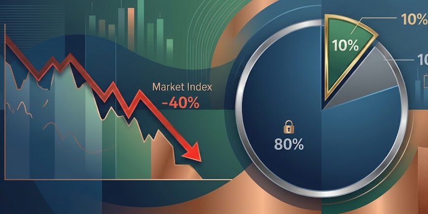 ilustrasi grafis finansial berformat lebar yang menggambarkan tren penurunan indeks pasar sebesar -40% serta diagram alokasi portofolio investasi dengan porsi saham 10% dan instrumen aman lainnya.