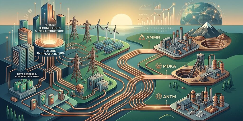 Ilustrasi skematis aliran tembaga dari pertambangan menuju infrastruktur teknologi AI dan energi masa depan.