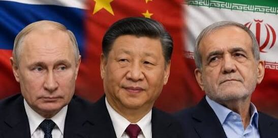 Vladimir Putin (Rusia), Xi Jinping (China) dan Masoud Pezeshkian (Iran) 