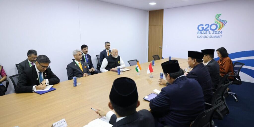 Prabowo Subianto pertemuan bilateral Perdana Menteri India Narendra Modi, pada Senin, 18 November 2024 di Rio de Janeiro, Brasil. (Foto: BPMI Setpres)