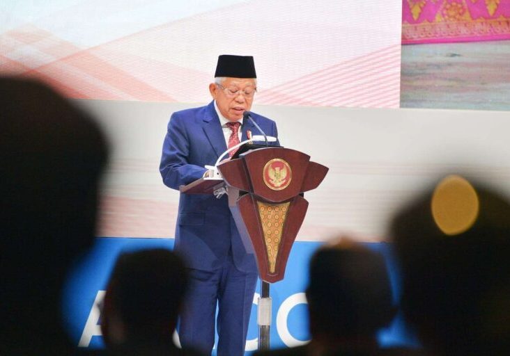 Wakil Presiden Ma’ruf Amin saat memberikan sambutan pada Sesi Tahunan Organisasi Permusyawaratan Hukum Asia-Afrika (AALCO) ke-61, di Bali Nusa Dua Convention Center (BNDCC), Senin (16/10/2023). 