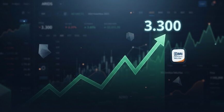 Ilustrasi Grafik tren naik dengan target harga saham 3.300 dan logo BRIDS