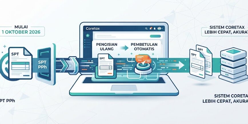 Ilustrasi digital sistem Coretax yang mengotomatisasi mekanisme pembetulan SPT pajak secara cepat dan akurat.