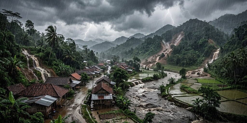 Ilustrasi cuaca ekstrem dan potensi bencana hidrometeorologi akibat hujan lebat.