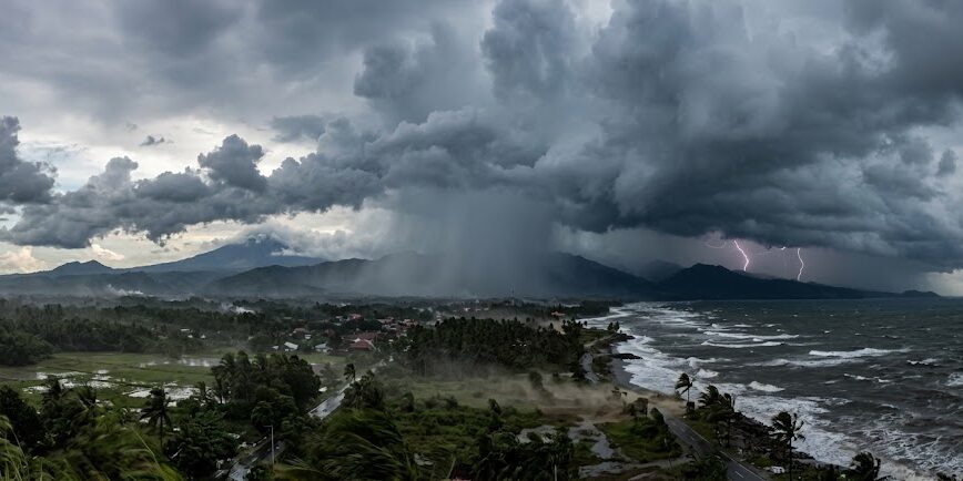 Ilustrasi cuaca ekstrem di pesisir Sumatera Utara: awan badai gelap, hujan lebat, petir, dan angin kencang.