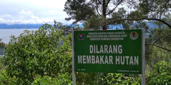 Dilarang membakar hutan terdapat di kawasan Danau Toba, terlihat plang larangan terpampang di tepi Danau Toba Sipinsur Kabupaten Humbang Hasundutan Sumatera Utara. (Foto: Fadmin Malau)