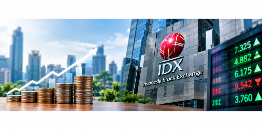 Ilustrasi gedung Bursa Efek Indonesia (BEI) dengan grafik pertumbuhan saham, menggambarkan potensi penguatan pasar modal melalui demutualisasi dan investasi Danantara.