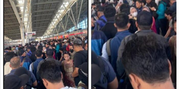 STASIUN MANGGARAI CHAOS - Imbas adanya kereta anjlok diantara stasiun Jayakarta dan Jakarta Kota perjalanan KRL Commuter Line Bogor-Jakarta Kota hanya sampai stasiun Manggarau, Selasa (5/8/2025). Imbasnya stasiun Manggarai chaos. 