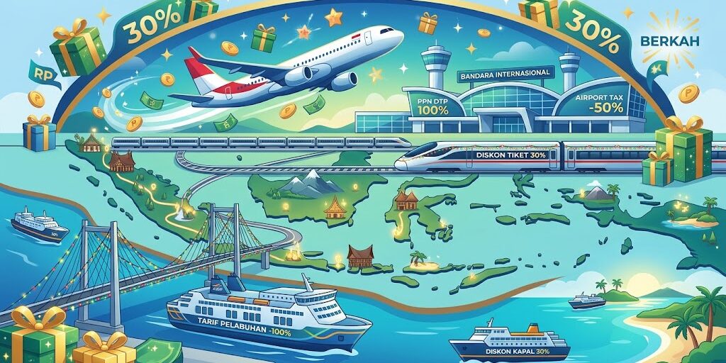 Ilustrasi berbagai moda transportasi publik—pesawat, kereta api, dan kapal laut—yang siap menyokong mobilitas masyarakat pada periode libur Natal 2026 dan Tahun Baru 2027.
