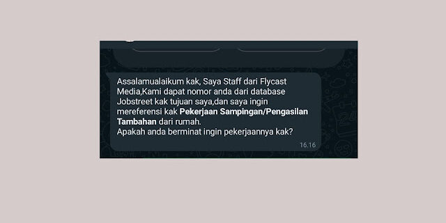 Isi Chat Whatsapp yang mengaku dari salah satu staff Agency yaitu Flycast Agency