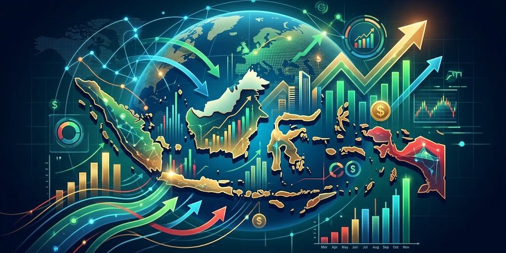 Ilustrasi Peta Indonesia dalam grafik investasi yang meningkat.
