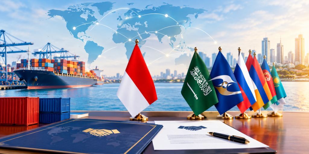 Ilustrasi kerja sama perdagangan dan perjanjian dagang Indonesia dengan mitra internasional.