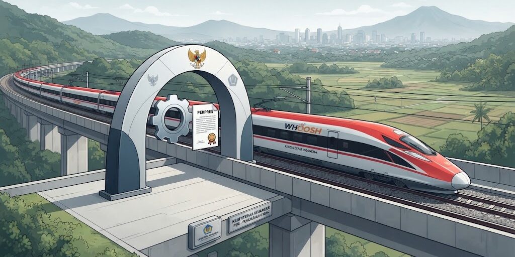 Ilustrasi konseptual Kereta Cepat Whoosh melintasi gerbang Perpres dan Kemenkeu, melambangkan peralihan pengelolaan utang proyek.